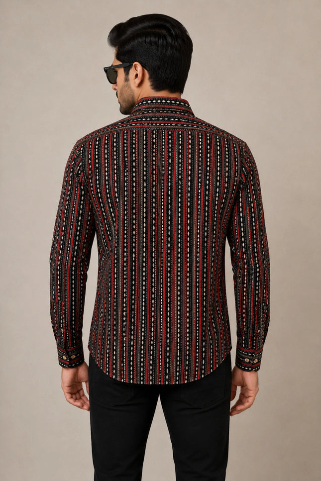 Men's Black & Maroon Ethnic Striped Printed Casual Shirt