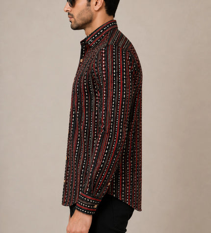 Men's Black & Maroon Ethnic Striped Printed Casual Shirt