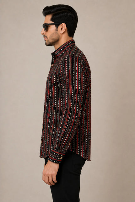Men's Black & Maroon Ethnic Striped Printed Casual Shirt