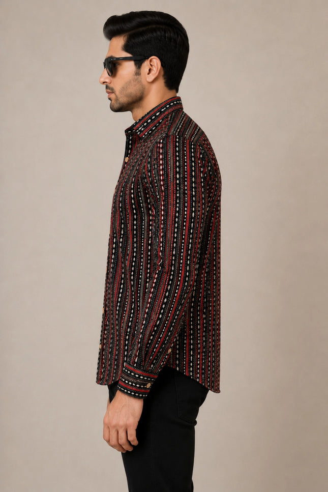 Men's Black & Maroon Ethnic Striped Printed Casual Shirt