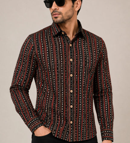Men's Black & Maroon Ethnic Striped Printed Casual Shirt