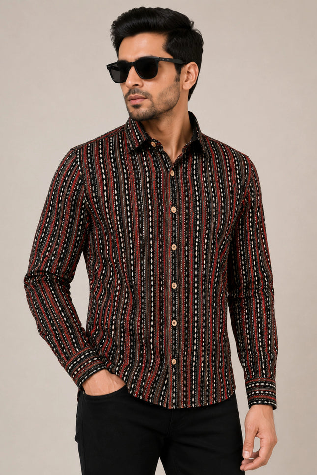 Men's Black & Maroon Ethnic Striped Printed Casual Shirt