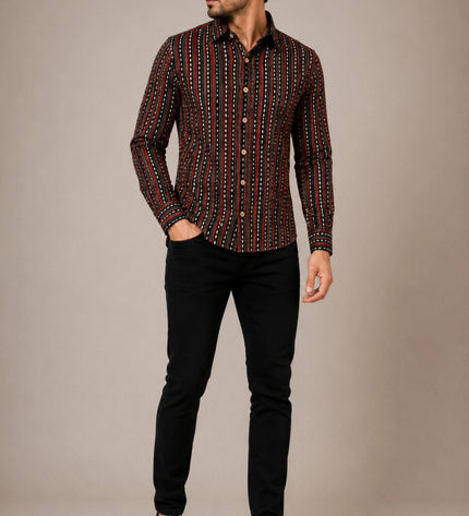 Men's Black & Maroon Ethnic Striped Printed Casual Shirt