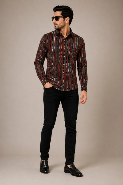 Men's Black & Maroon Ethnic Striped Printed Casual Shirt