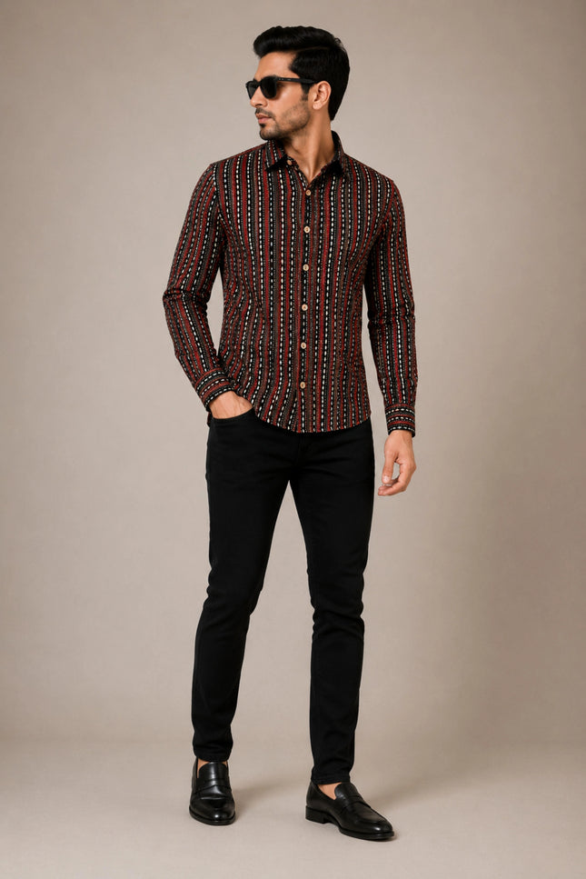 Men's Black & Maroon Ethnic Striped Printed Casual Shirt
