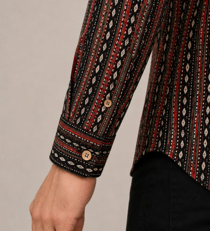 Men's Black & Maroon Ethnic Striped Printed Casual Shirt