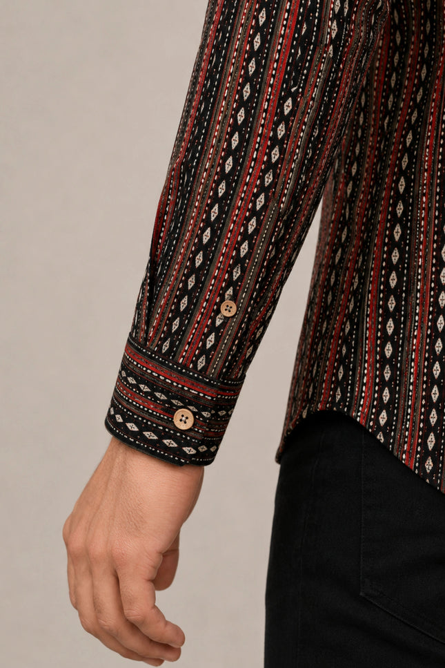 Men's Black & Maroon Ethnic Striped Printed Casual Shirt