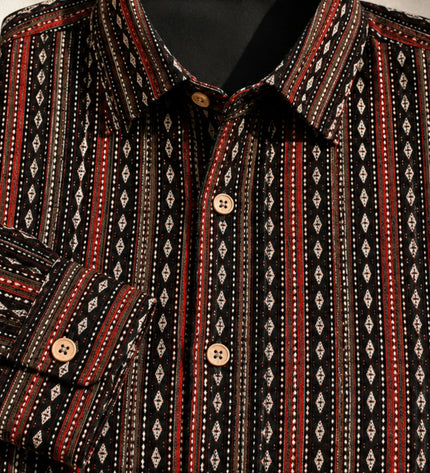 Men's Black & Maroon Ethnic Striped Printed Casual Shirt