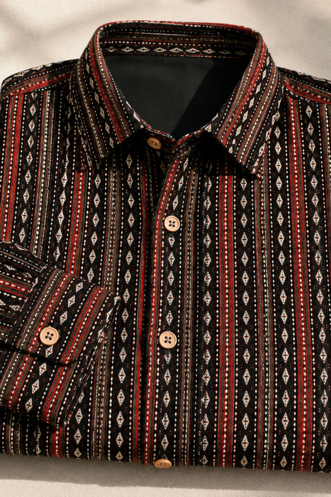 Men's Black & Maroon Ethnic Striped Printed Casual Shirt