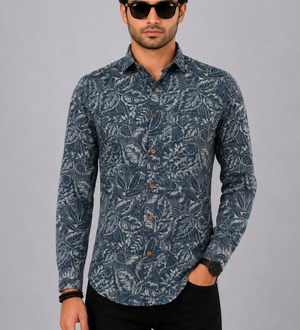 Men's Blue Grey Tropical Leaf Printed Casual Shirt