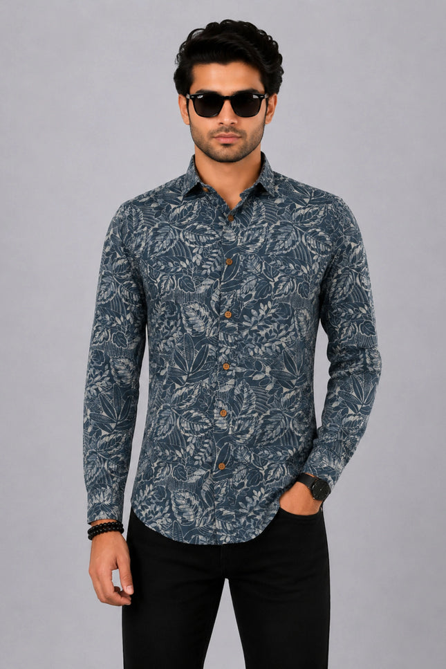 Men's Blue Grey Tropical Leaf Printed Casual Shirt