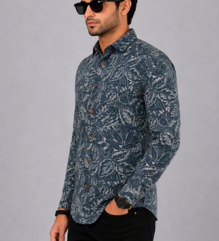 Men's Blue Grey Tropical Leaf Printed Casual Shirt
