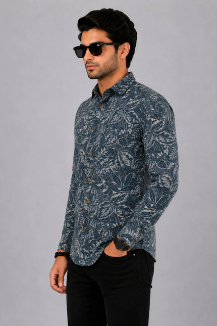 Men's Blue Grey Tropical Leaf Printed Casual Shirt