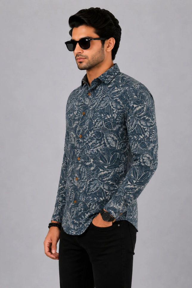 Men's Blue Grey Tropical Leaf Printed Casual Shirt