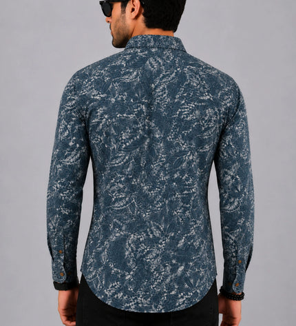 Men's Blue Grey Tropical Leaf Printed Casual Shirt