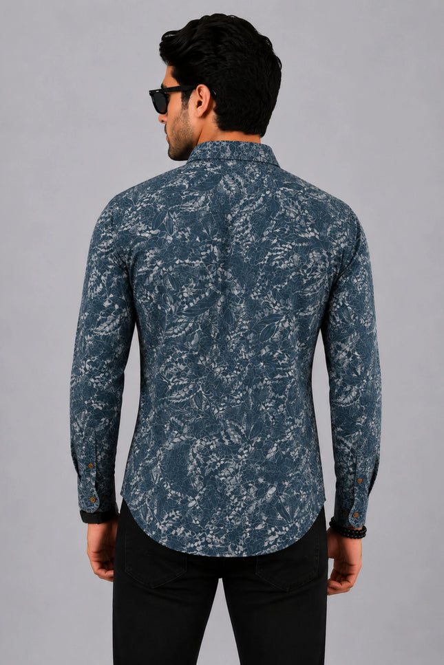 Men's Blue Grey Tropical Leaf Printed Casual Shirt