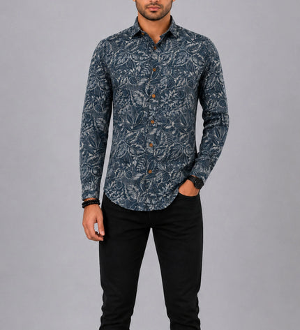 Men's Blue Grey Tropical Leaf Printed Casual Shirt