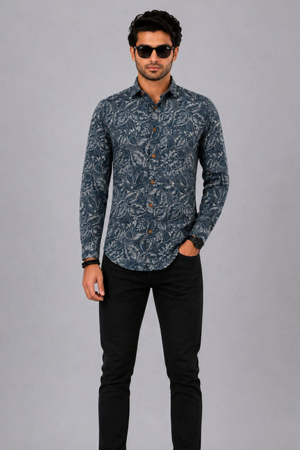 Men's Blue Grey Tropical Leaf Printed Casual Shirt