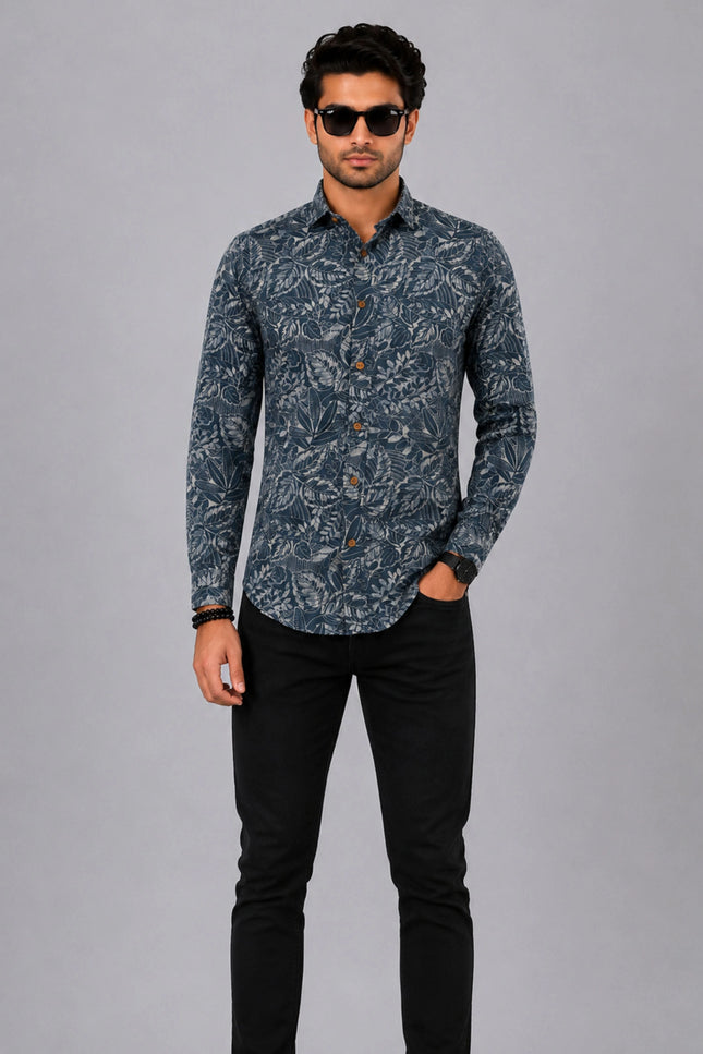 Men's Blue Grey Tropical Leaf Printed Casual Shirt