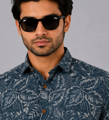 Men's Blue Grey Tropical Leaf Printed Casual Shirt