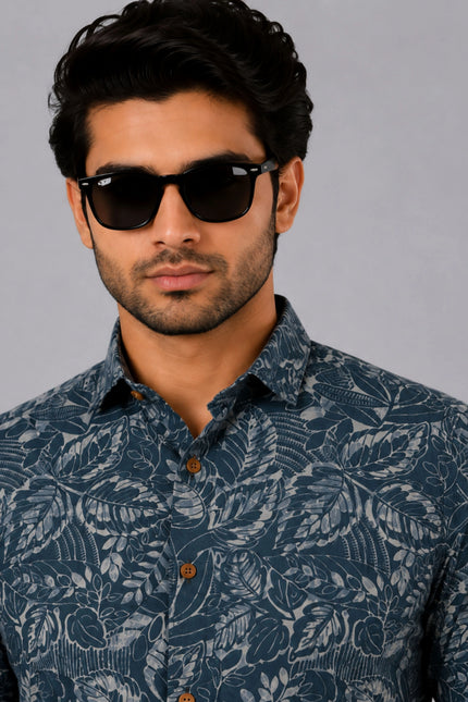 Men's Blue Grey Tropical Leaf Printed Casual Shirt
