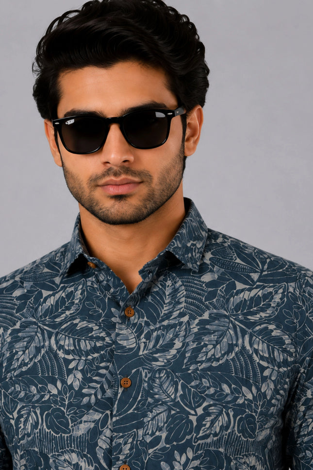 Men's Blue Grey Tropical Leaf Printed Casual Shirt