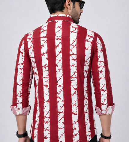 Men's Maroon & White Abstract Vertical Striped Casual Shirt