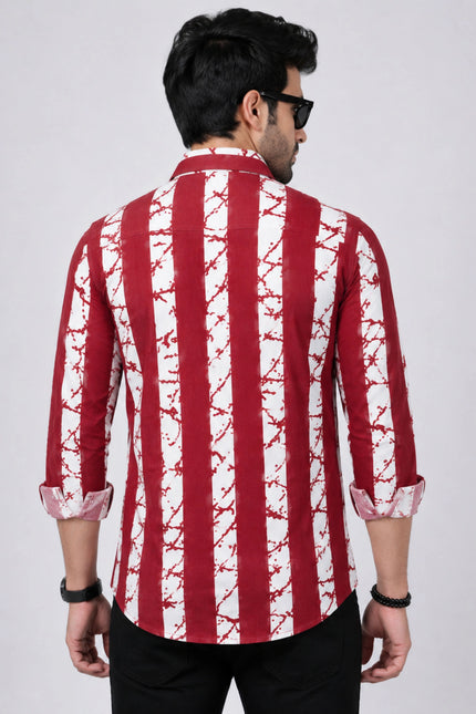 Men's Maroon & White Abstract Vertical Striped Casual Shirt