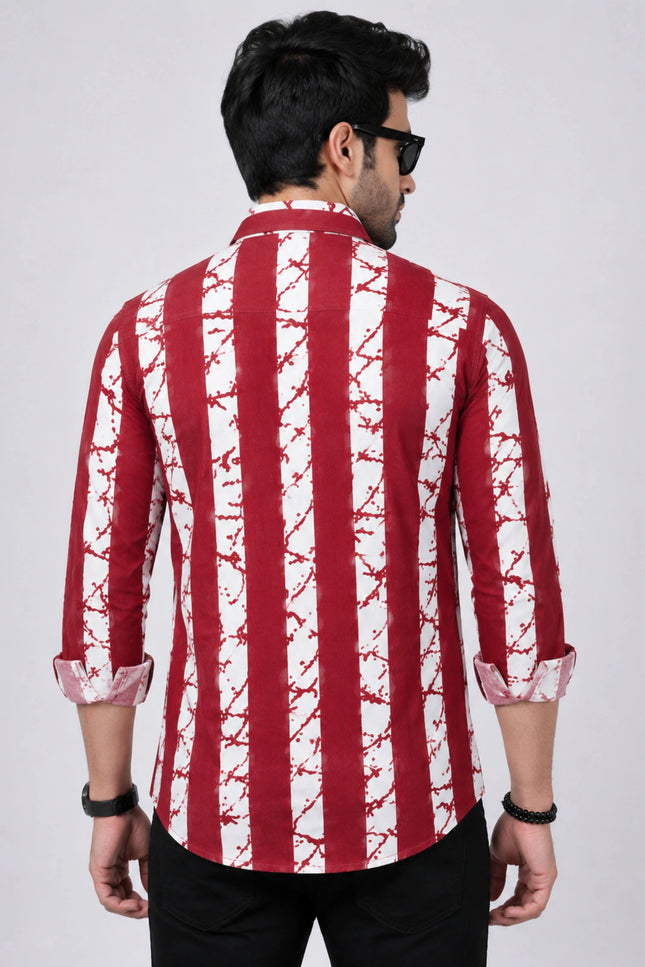Men's Maroon & White Abstract Vertical Striped Casual Shirt