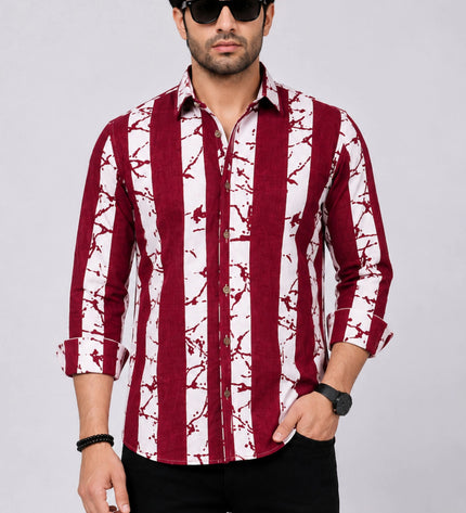 Men's Maroon & White Abstract Vertical Striped Casual Shirt