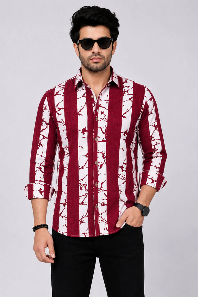 Men's Maroon & White Abstract Vertical Striped Casual Shirt