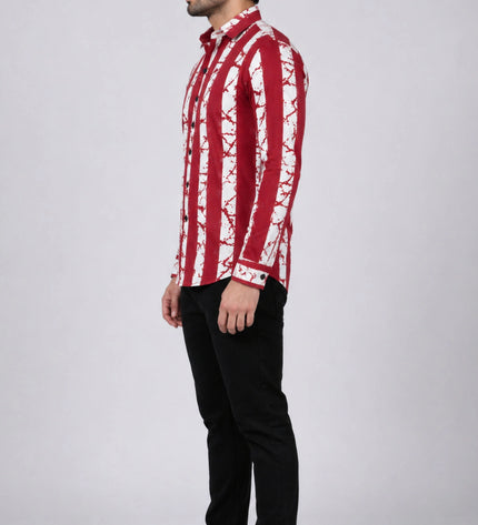 Men's Maroon & White Abstract Vertical Striped Casual Shirt