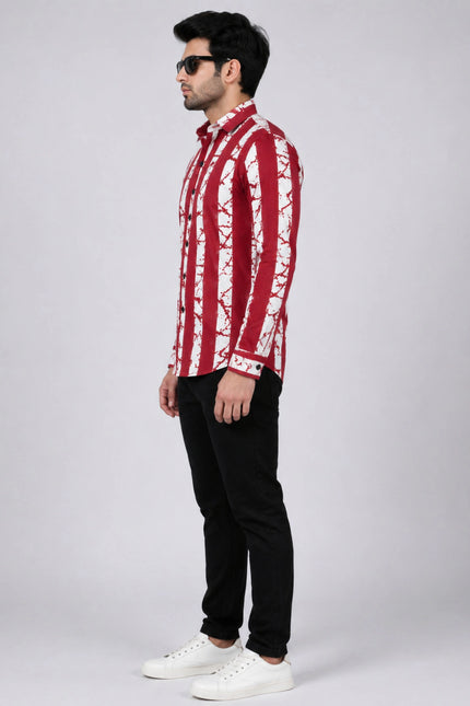 Men's Maroon & White Abstract Vertical Striped Casual Shirt