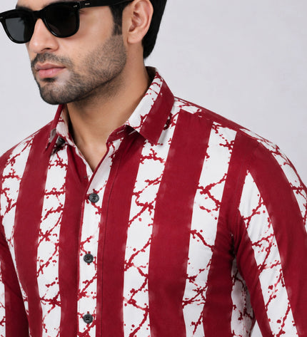 Men's Maroon & White Abstract Vertical Striped Casual Shirt