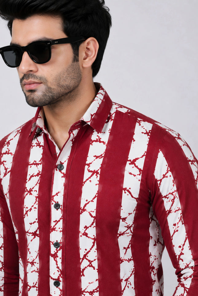 Men's Maroon & White Abstract Vertical Striped Casual Shirt