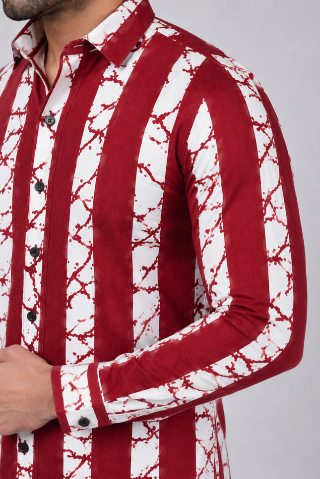 Men's Maroon & White Abstract Vertical Striped Casual Shirt