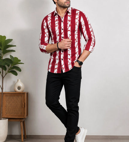 Men's Maroon & White Abstract Vertical Striped Casual Shirt