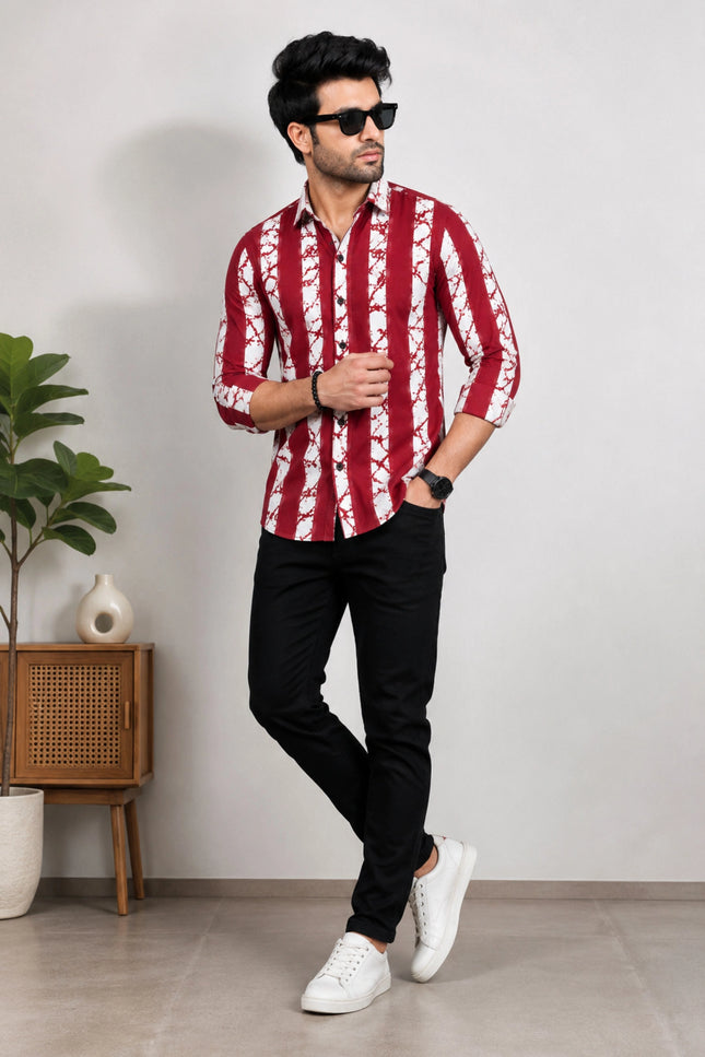 Men's Maroon & White Abstract Vertical Striped Casual Shirt