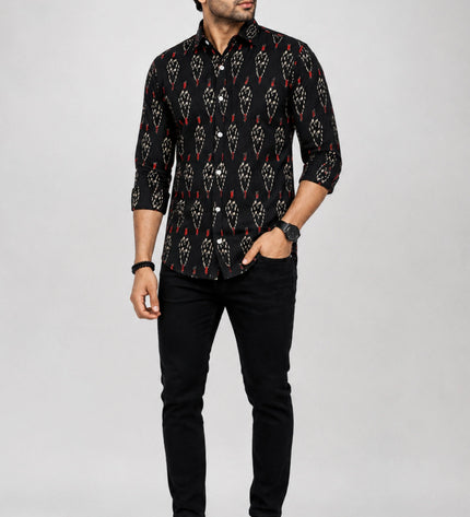 Men's Black Ethnic Ikat Printed Casual Shirt with Full Sleeves