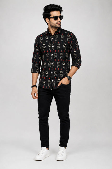 Men's Black Ethnic Ikat Printed Casual Shirt with Full Sleeves
