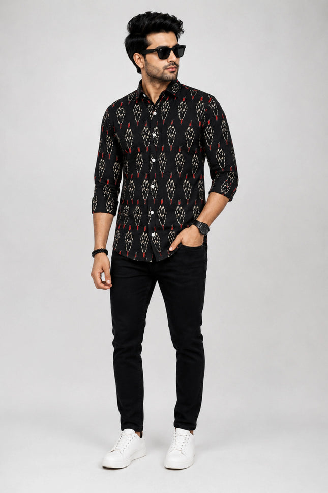 Men's Black Ethnic Ikat Printed Casual Shirt with Full Sleeves