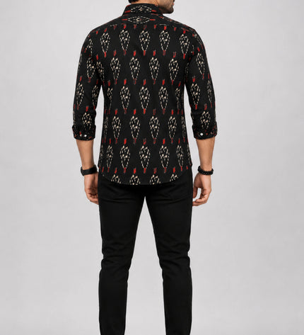 Men's Black Ethnic Ikat Printed Casual Shirt with Full Sleeves