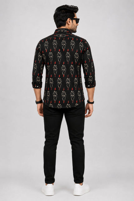 Men's Black Ethnic Ikat Printed Casual Shirt with Full Sleeves