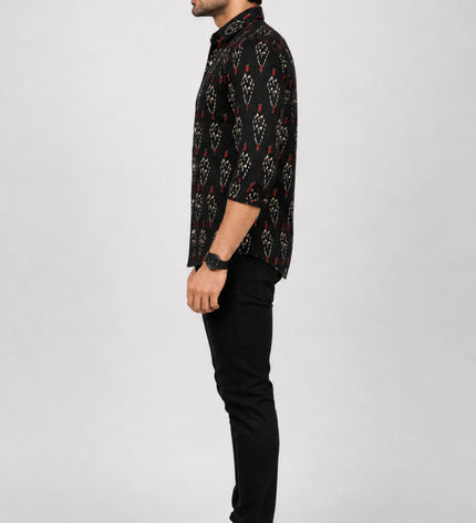 Men's Black Ethnic Ikat Printed Casual Shirt with Full Sleeves