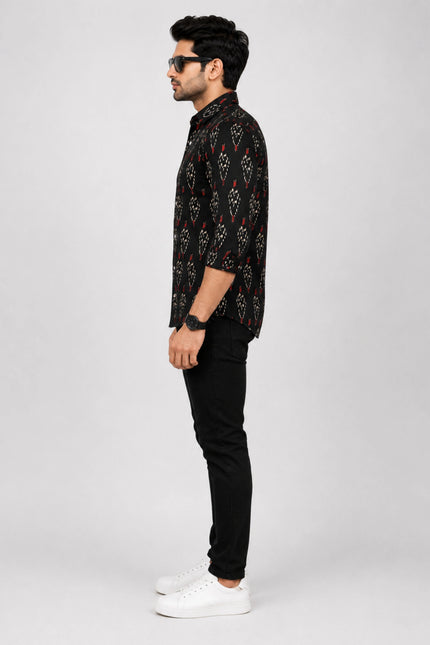 Men's Black Ethnic Ikat Printed Casual Shirt with Full Sleeves