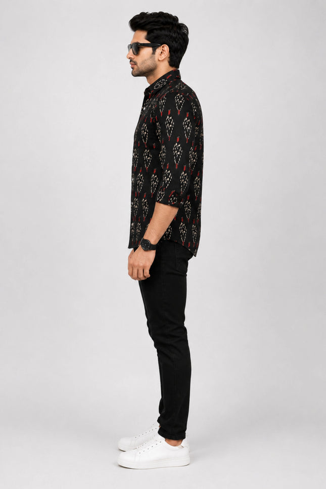 Men's Black Ethnic Ikat Printed Casual Shirt with Full Sleeves