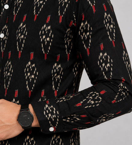 Men's Black Ethnic Ikat Printed Casual Shirt with Full Sleeves