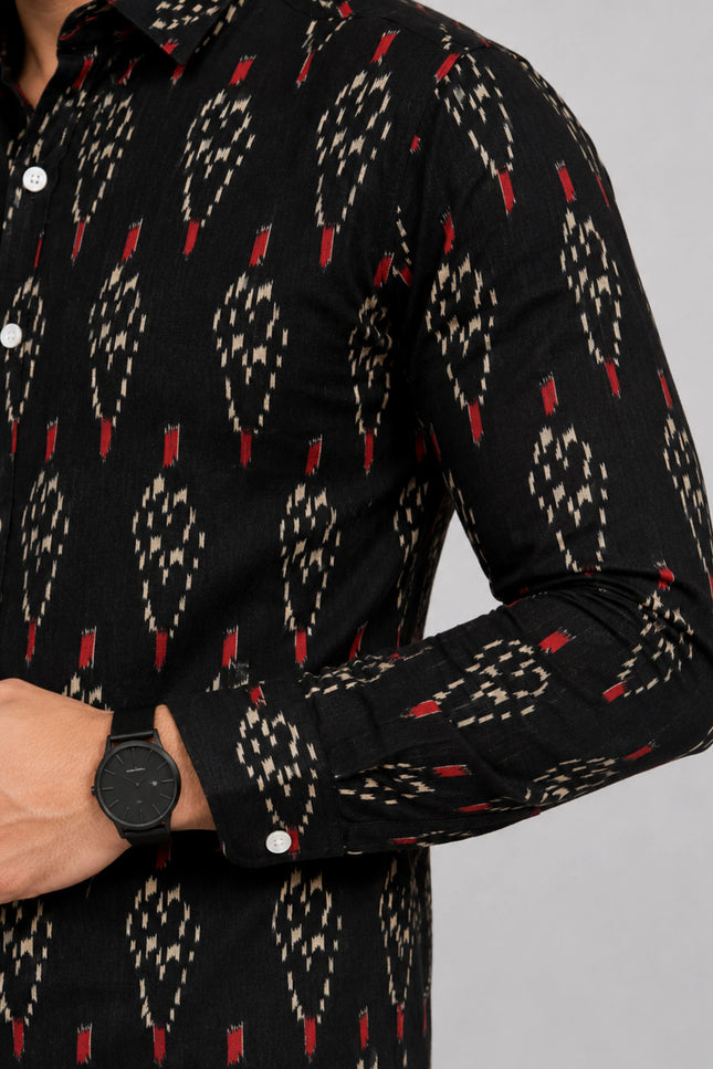 Men's Black Ethnic Ikat Printed Casual Shirt with Full Sleeves