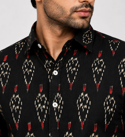 Men's Black Ethnic Ikat Printed Casual Shirt with Full Sleeves