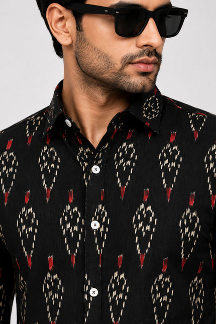 Men's Black Ethnic Ikat Printed Casual Shirt with Full Sleeves